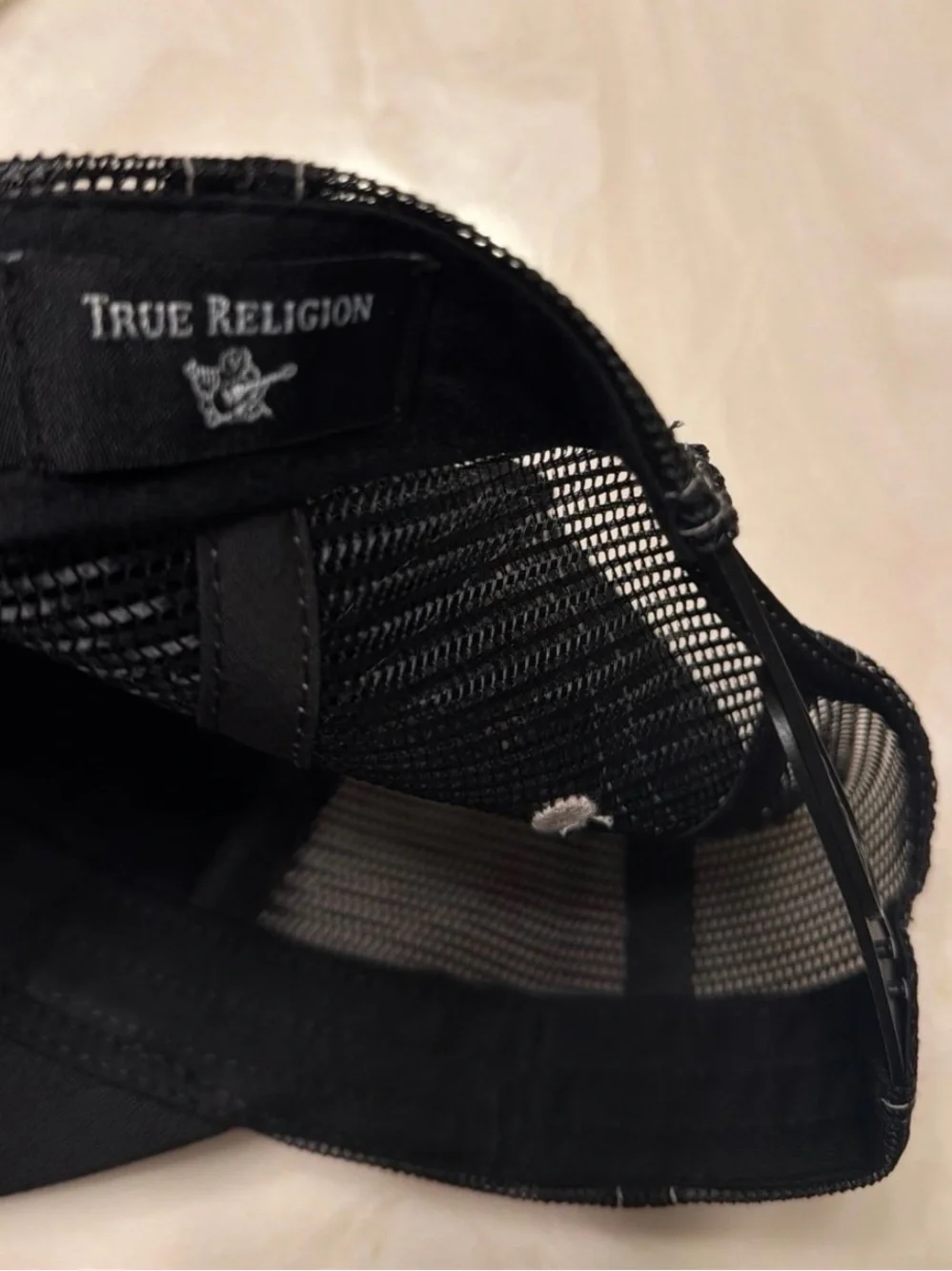 True Religion Black Cap with White Logo Guitar Graphic